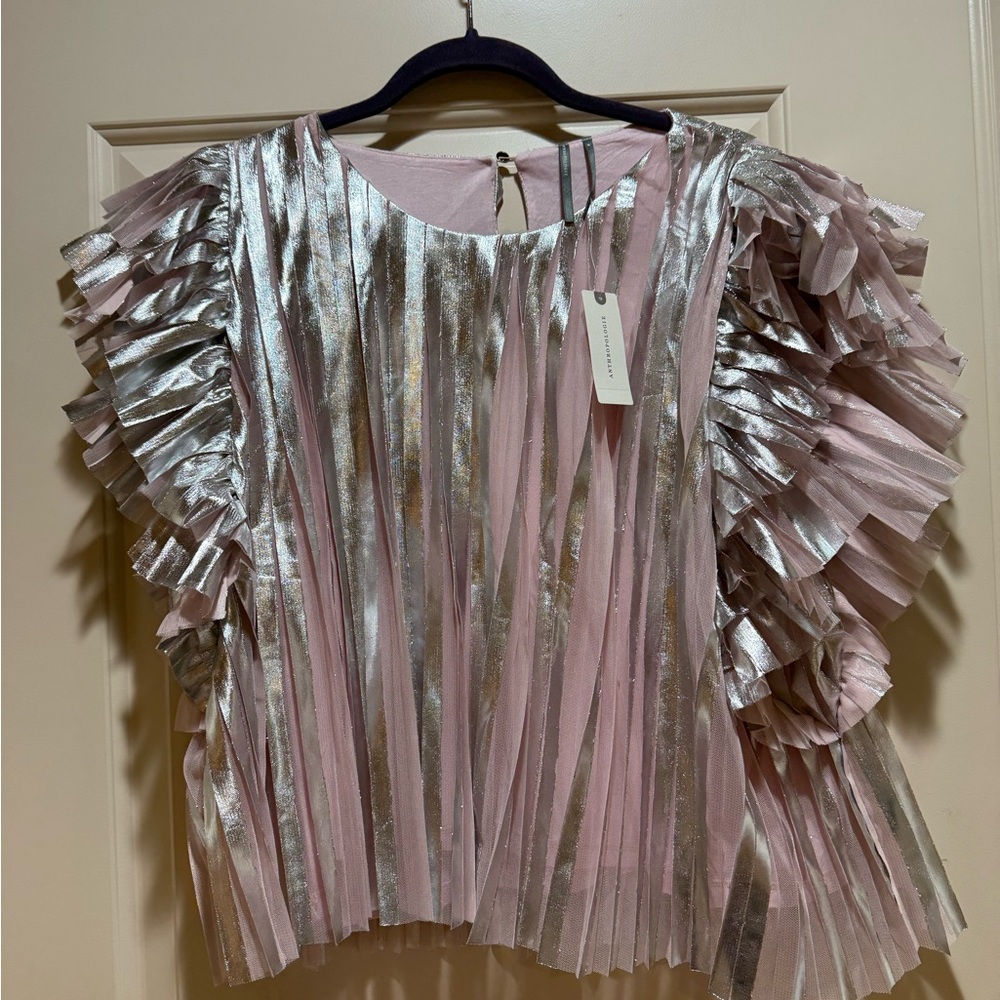 Anthropologie Pink and Silver Ruffle Blouse
